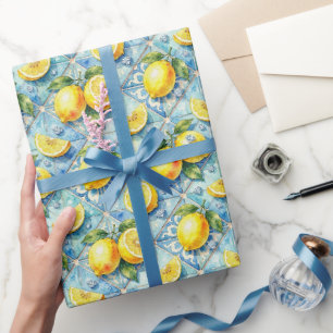 Papier Cadeau Citrons d'Amalfi, Diamants et carreaux méditerrané