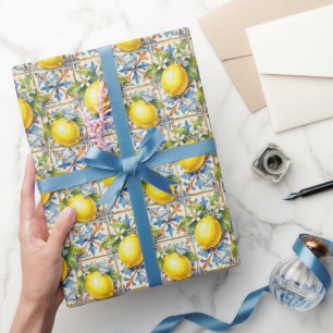 Papier Cadeau Citrons d'Amalfi, Diamants et carreaux méditerrané