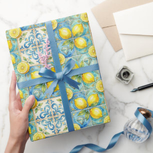 Papier Cadeau Citrons d'Amalfi, Diamants et carreaux méditerrané