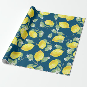 Papier Cadeau Citrons et bleus couleur aquarelle à la campagne