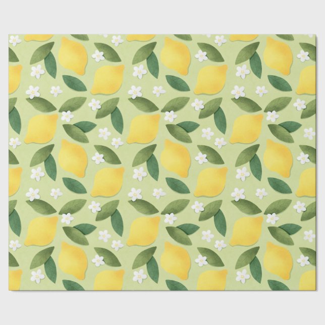 Papier Cadeau Citrons et fleurs blanches sur Arrière - plan vert (Couture)