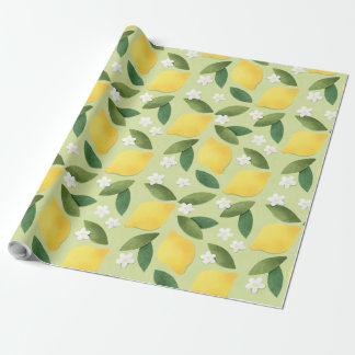 Papier Cadeau Citrons et fleurs blanches sur Arrière - plan vert