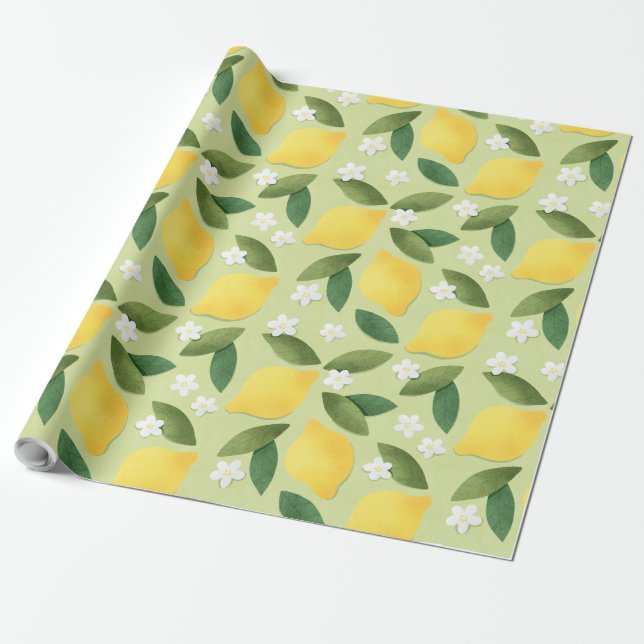 Papier Cadeau Citrons et fleurs blanches sur Arrière - plan vert (Déroulé)