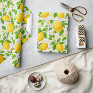 Papier Cadeau Citrons et fleurs d'aquarelle - Citrus frais