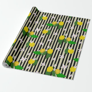 Papier Cadeau Citrons et fleurs sur bandes