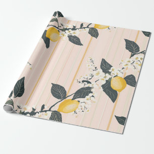 Papier Cadeau Citrons et fleurs vintages sur bandes roses