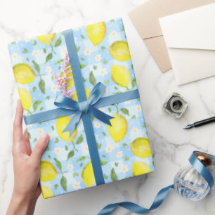 Papier Cadeau Citrons et Marguerites Carreaux Bleus
