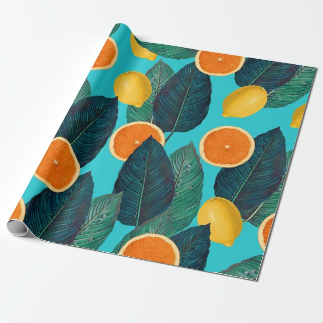Papier Cadeau citrons et oranges turquoises (Déroulé)