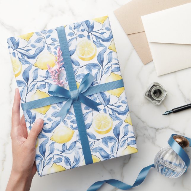 Papier Cadeau Citrons Feuille Bleu Sicile Italien Anniversaire (Cadeaux)