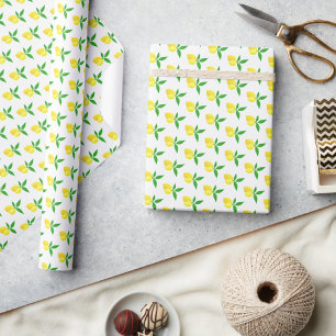 Papier Cadeau Citrons jaunes feuilles vertes fond blanc