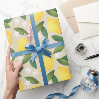 Papier Cadeau Citrons jaunes, Feuilles verts et fleurs blanches