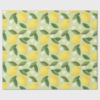 Papier Cadeau Citrons jaunes, Feuilles verts et fleurs blanches