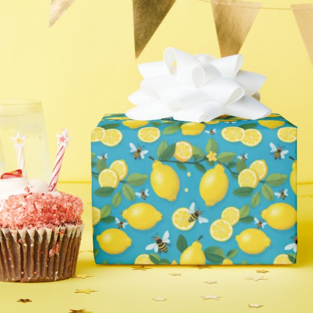 Papier Cadeau Citrons jaunes frais et abeilles occupées Turquois (Fête d'anniversaire)