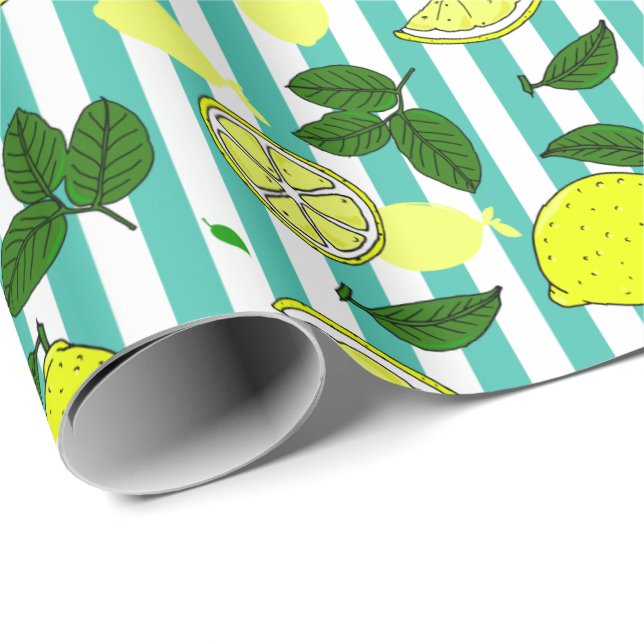 Papier Cadeau Citrons jaunes méditerranéens sur bandes bleues Tu (Coin rond)