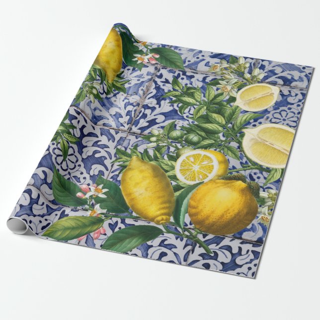Papier Cadeau Citrons méditerranéens Carreaux portugais d'été (Déroulé)