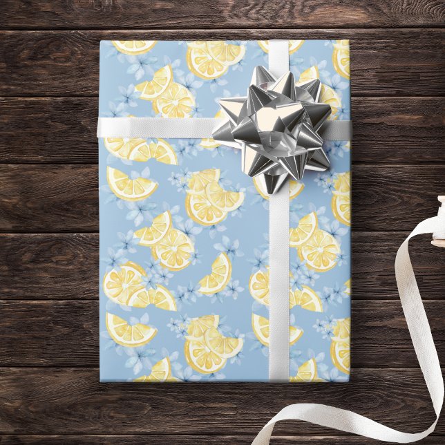 Papier Cadeau Citrons tranchés et fleurs à l'aquarelle bleue (Stunning Watercolor Lemon Slices and Blue Floral Flower Wrapping Paper)