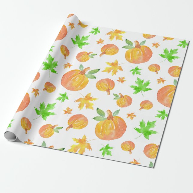 Papier Cadeau Citrouille aquarelle et Motif feuille d'érable (Déroulé)