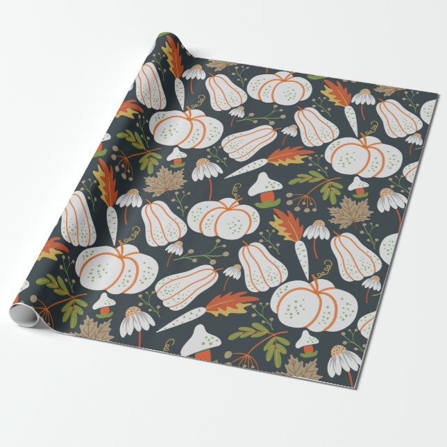 Papier Cadeau Citrouille continu motif floral noir et blanc (Déroulé)