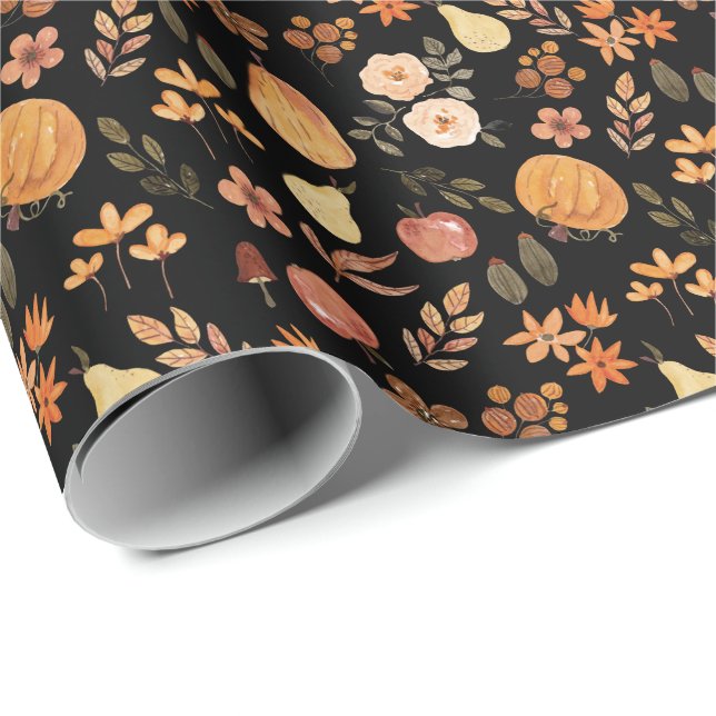 Papier Cadeau Citrouille d'aquarelle orange et noir Motif d'auto (Coin rond)