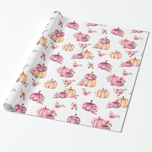Papier Cadeau Citrouille d'aquarelle rose Roses floraux (Déroulé)