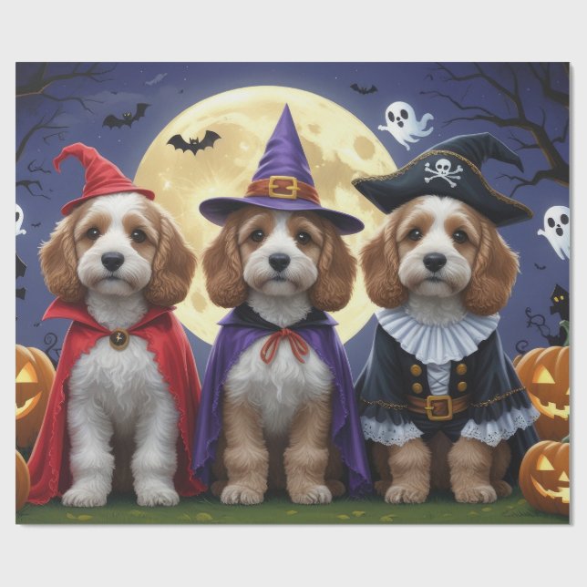 Papier Cadeau Citrouille de chien Cockapoo Halloween drôle (Plat)