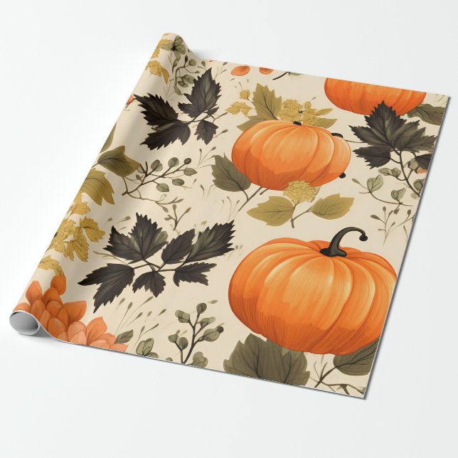 Papier Cadeau Citrouille et fleurs d'automne (Déroulé)