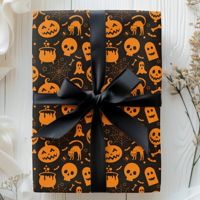 Papier Cadeau Citrouille  Fantôme de crâne Éffrayant Halloween M (Créateur téléchargé)