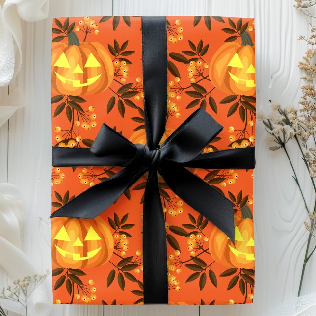 Papier Cadeau Citrouille Floral Jack O'Lantern Motif (Créateur téléchargé)