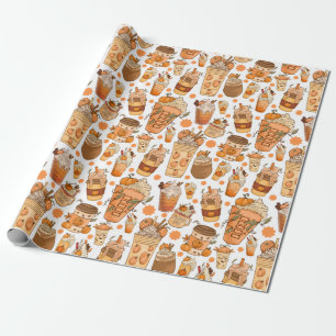 Papier Cadeau Citrouille Latte de café d'automne Motif