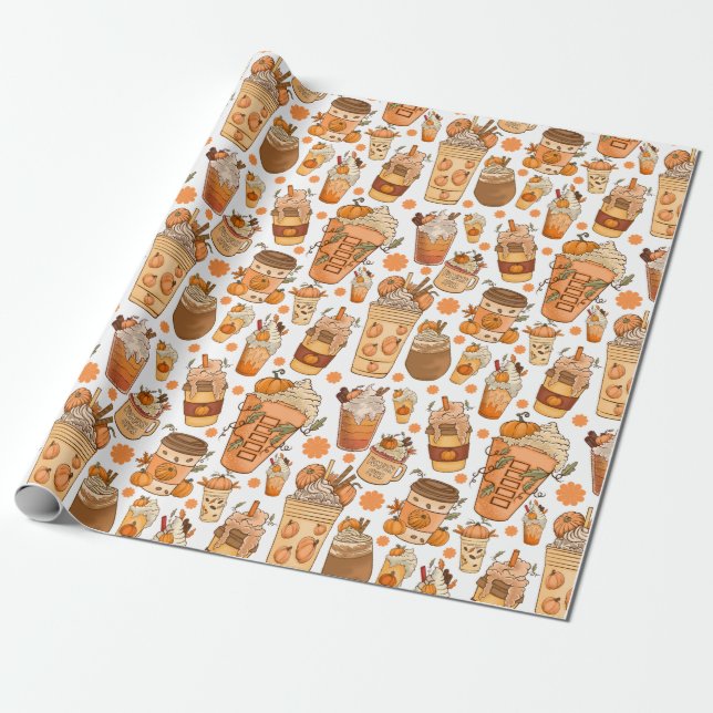 Papier Cadeau Citrouille Latte de café d'automne Motif (Déroulé)
