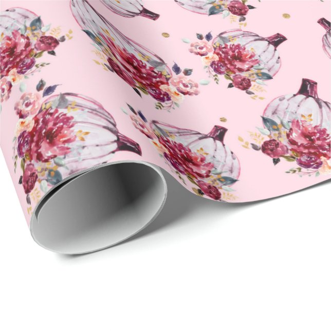 Papier Cadeau Citrouille rose automne aquarelle florale automne  (Coin rond)