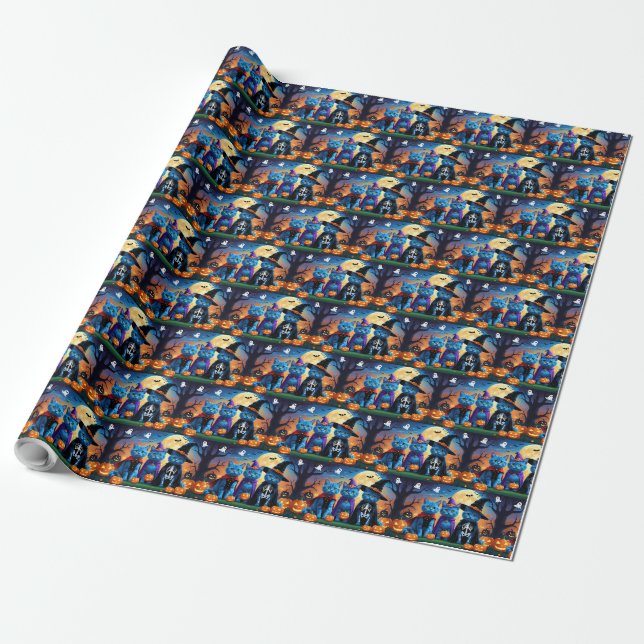 Papier Cadeau Citrouille russe Blue Cats Halloween drôle (Déroulé)
