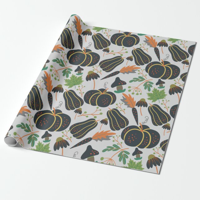 Papier Cadeau Citrouille sans soudure carotte motif noir et blan (Déroulé)