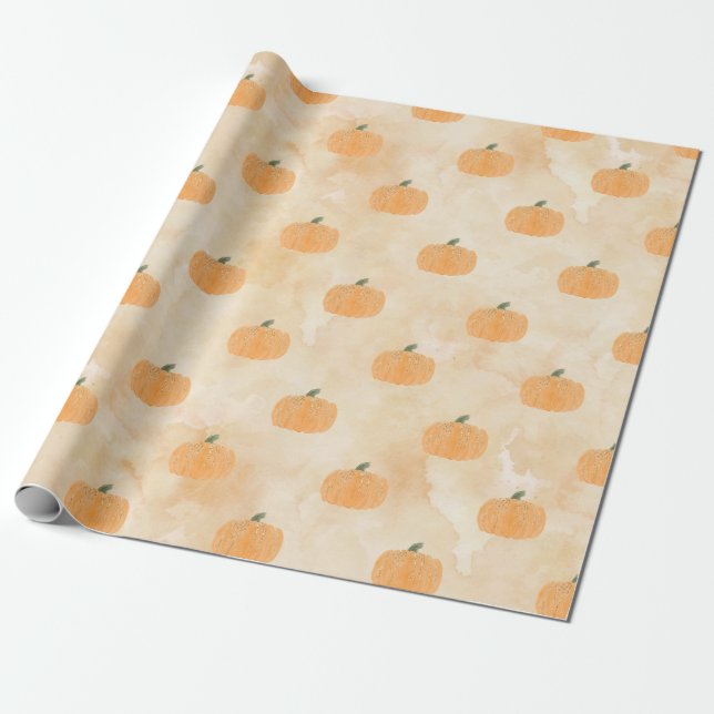 Papier Cadeau Citrouilles aquarelle sur Orange (Déroulé)