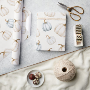 Papier Cadeau Citrouilles Bleues Blanches Doux D'Automne