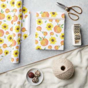 Papier Cadeau Citrouilles d'aquarelle et tournesols