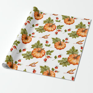 Papier Cadeau Citrouilles d'automne, baies rouges et feuilles