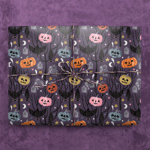 Papier Cadeau Citrouilles éffrayants d'Halloween, chauves-souris