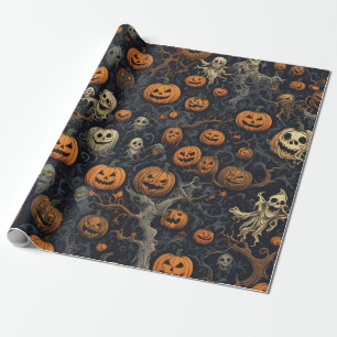 Papier Cadeau Citrouilles éffrayants et fantômes
