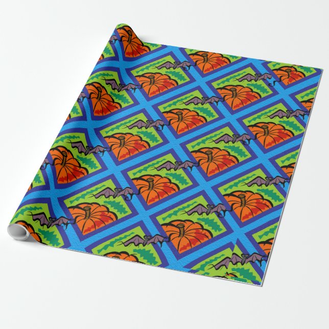 Papier Cadeau Citrouilles et chauves-souris en Motif, Nom, Hallo (Déroulé)