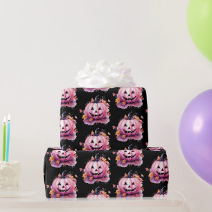 Papier Cadeau Citrouilles roses feuilles orange fond noir Hallow