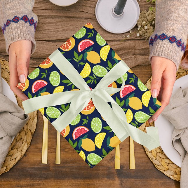 Papier Cadeau Citrus bleu foncé Citron orange Tangerine Motif (Créateur téléchargé)
