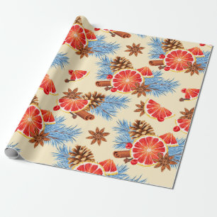Papier Cadeau Citrus rouge bleu et épices Joyeux Noël