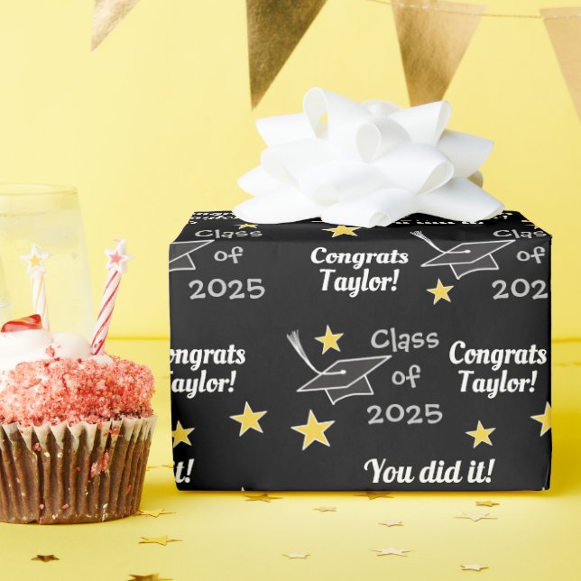 Papier Cadeau Classe de 2025 Félicats Grand Noir Ajouter un nom (Fête d'anniversaire)