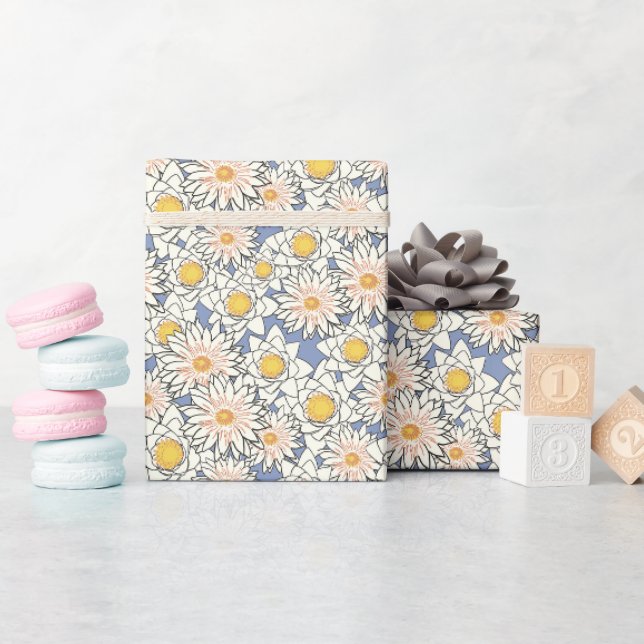 Papier Cadeau Classé motif floral rétro l Jaune et bleu (Baby Shower)