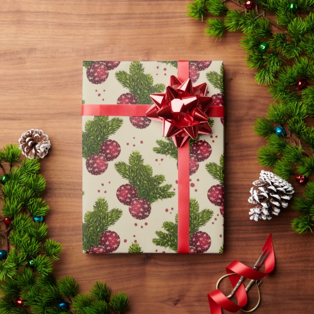 Papier Cadeau Classic Christmas Pine Branches & Red Ornaments  (Cadeau de vacances)