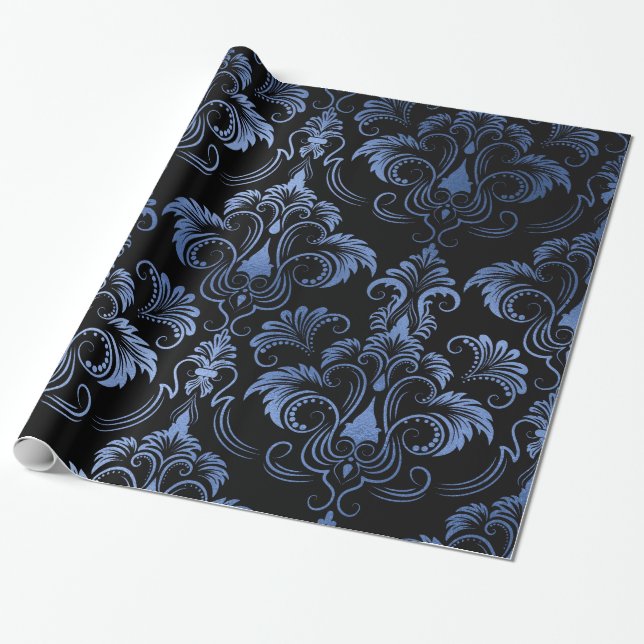 Papier Cadeau Classic Navy Blue Metal Foil Swirls Damask (Déroulé)