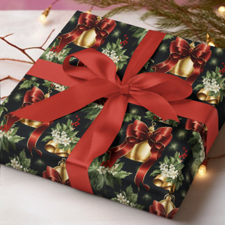 Papier Cadeau Classique classique Noël Rouge Bow & Gold Bell