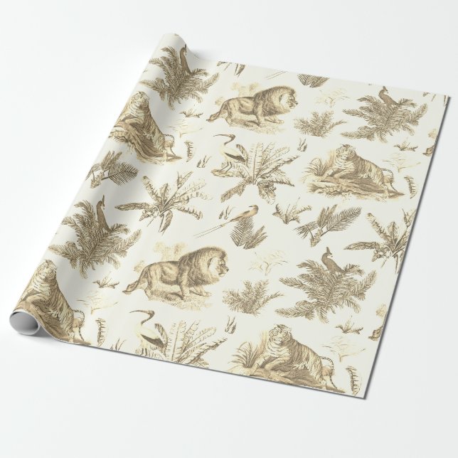 Papier Cadeau Classique Elégant Topique Safari Lion Toile Beige (Déroulé)