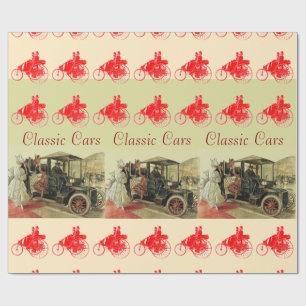 PAPIER CADEAU CLASSIQUE, VOITURES VINTAGE AVEC ÉLÉGANTES FEMMES 
